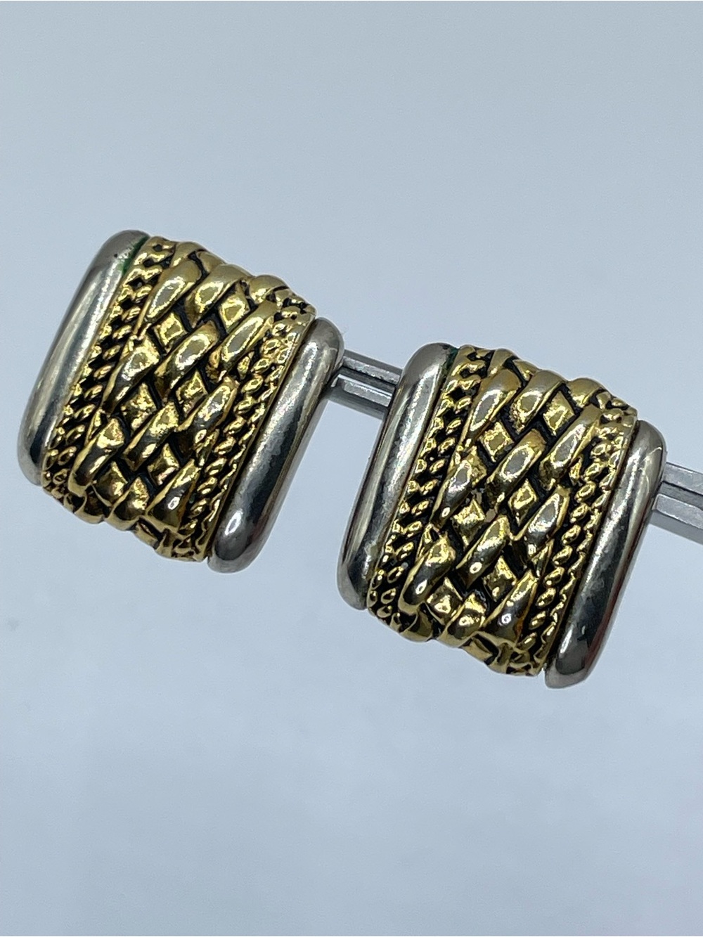 Vintage Style Gold Silver Tone Two Tone Woven Square Stud Earrings
